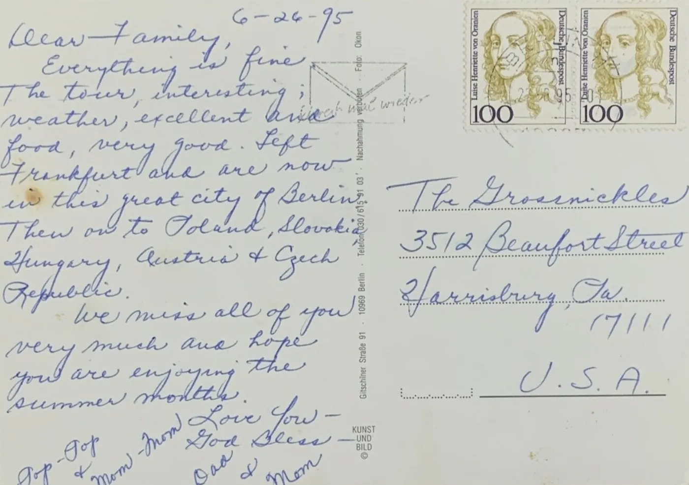 Back of the Berlin postcard, handwritten in 1995 and addressed to Harrisburg, USA