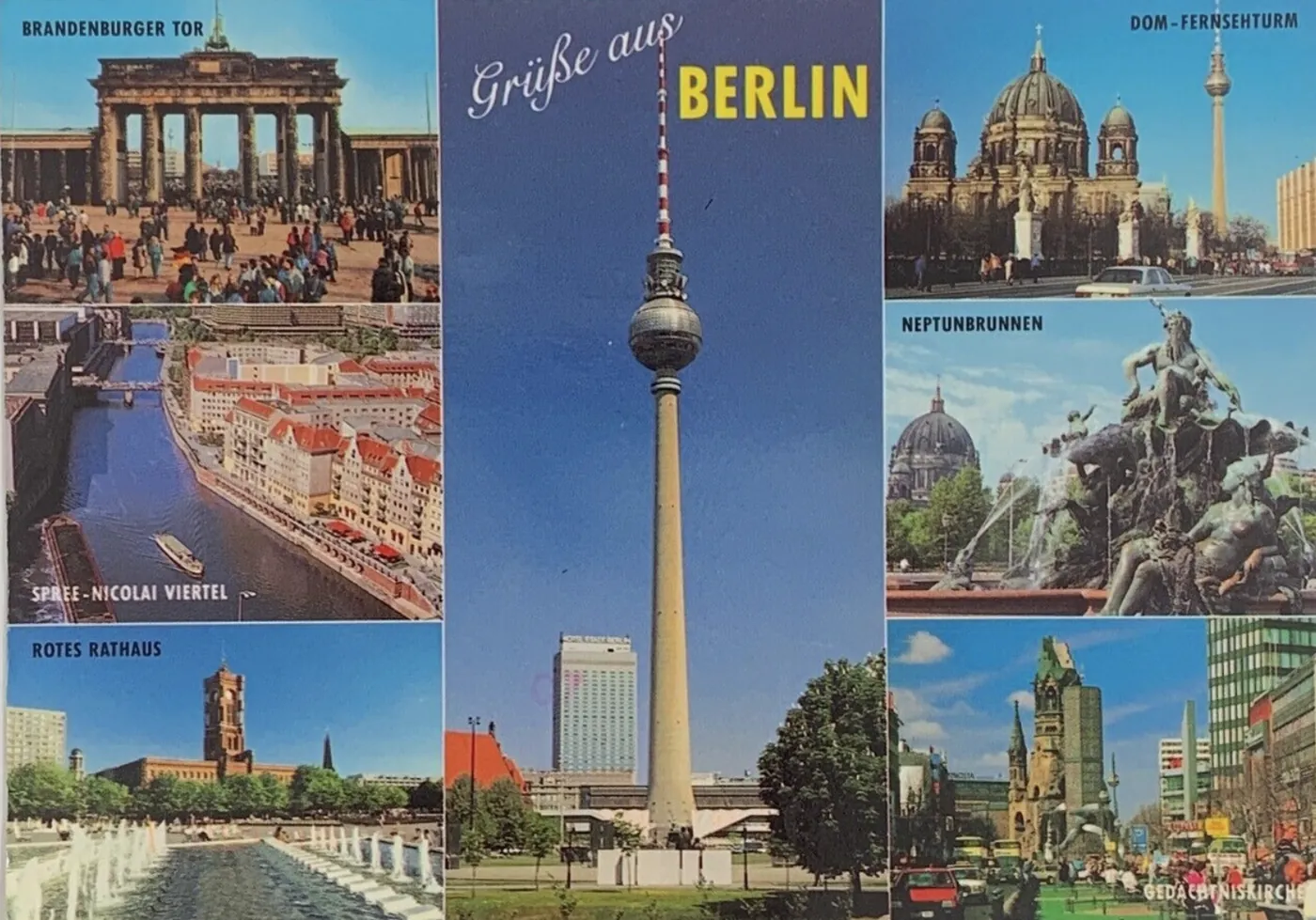 Vintage Grüße aus Berlin postcard: the Brandenburg Gate, the TV tower, the Berlin Cathedral and the Neptune Fountain
