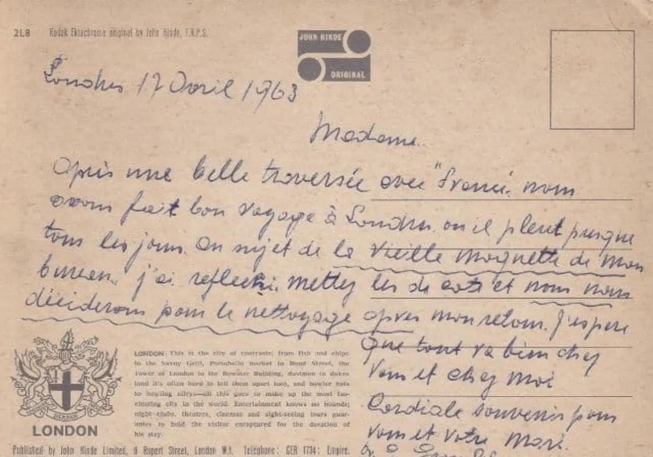 Back of the London postcard, handwritten in French in 1963