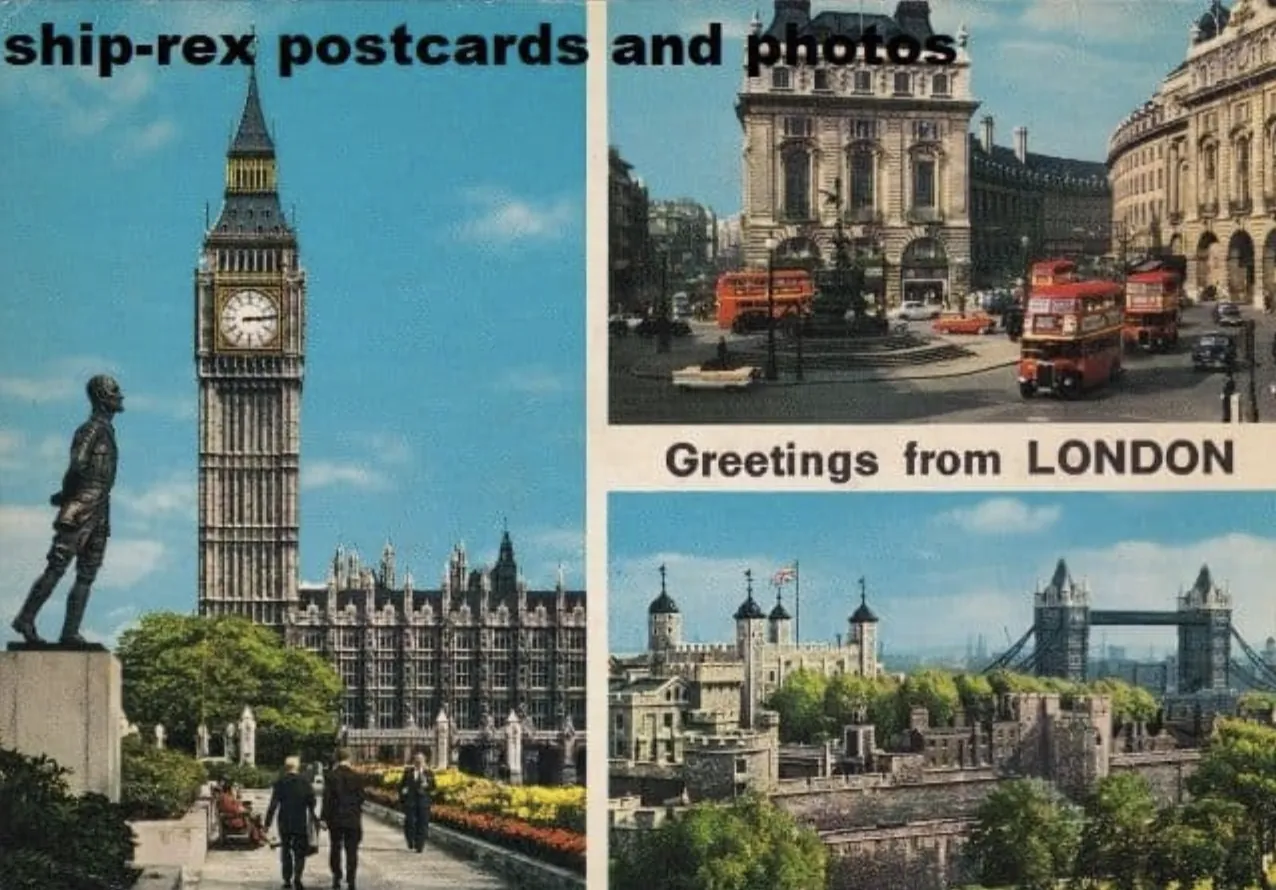 Vintage Greetings from London postcard: Big Ben, Piccadilly Circus and Tower Bridge