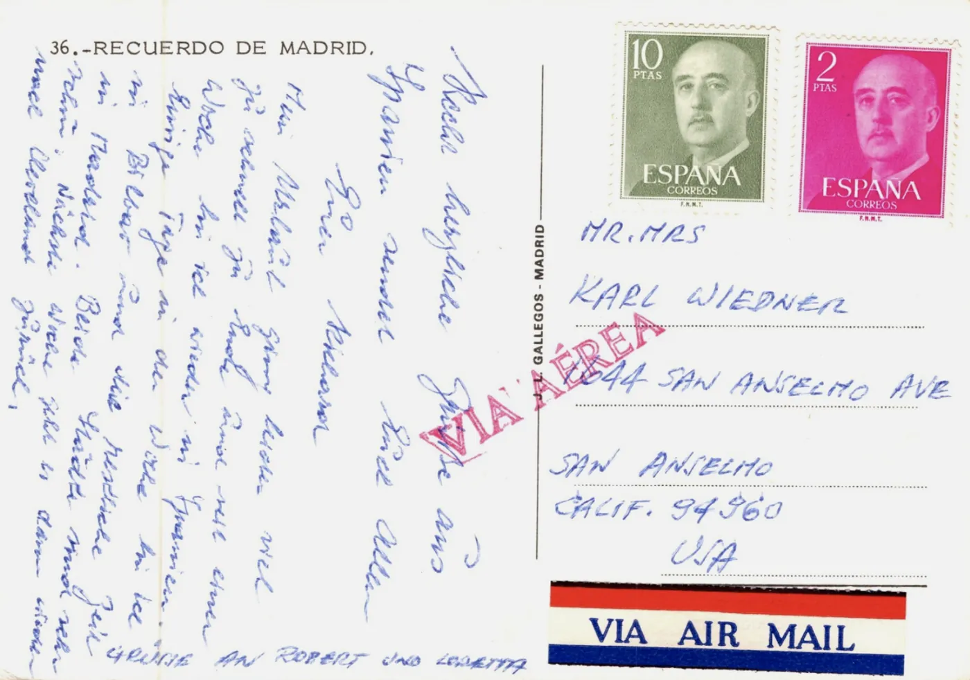 Back of the Madrid postcard, handwritten and addressed to California with air mail labels