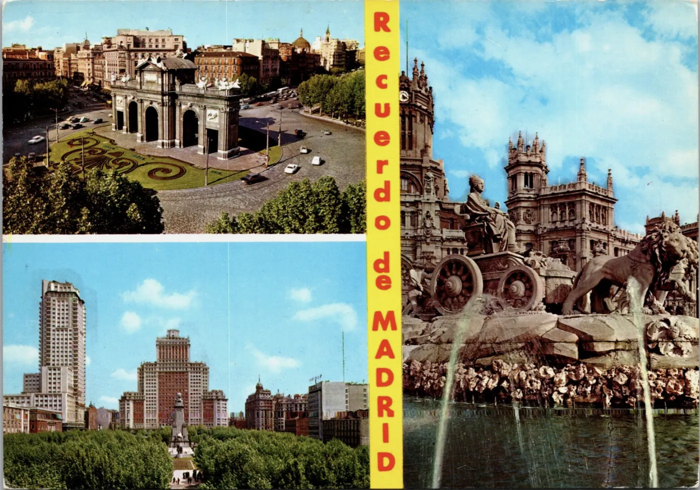 Vintage Recuerdo de Madrid postcard: Puerta de Alcalá, Plaza de España and the Cibeles fountain