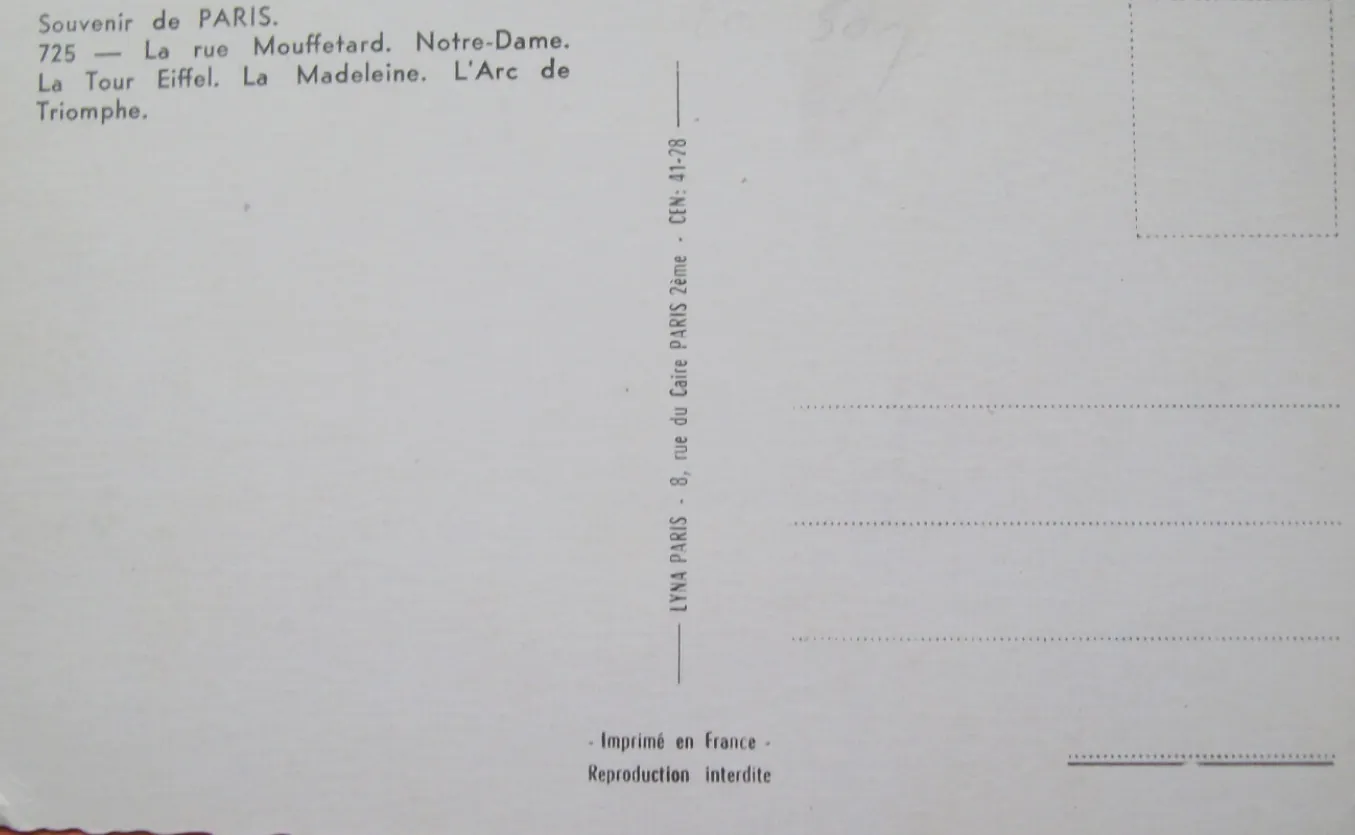 Back of the Paris postcard, unwritten