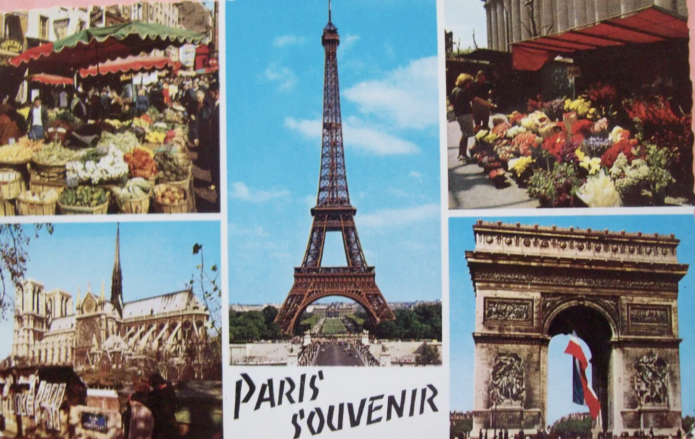 Vintage Paris souvenir postcard: market stalls, the Eiffel Tower, a flower market, Notre-Dame and the Arc de Triomphe