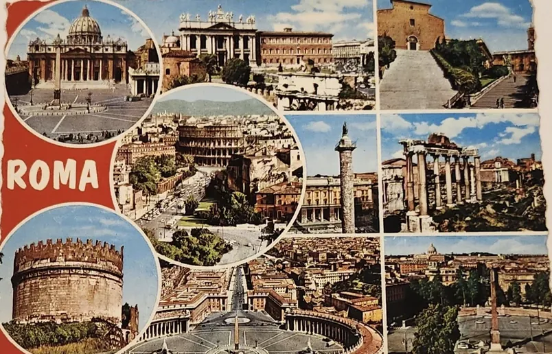 Vintage Roma postcard with views of St Peter's, the Colosseum and the Forum